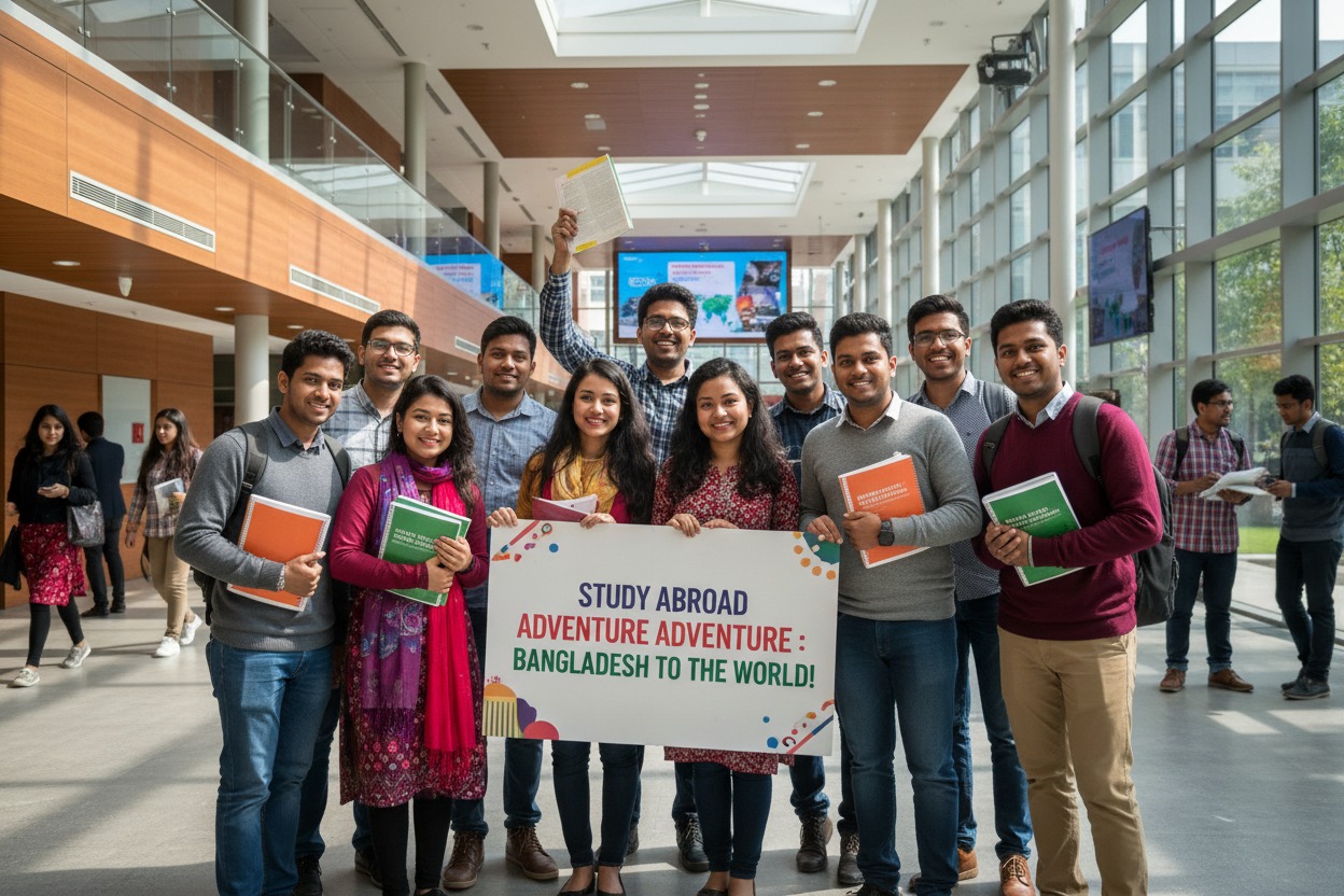 A group of university students stands in a bright, modern atrium holding a sign that reads "Study Abroad Adventure: Bangladesh to the World!"